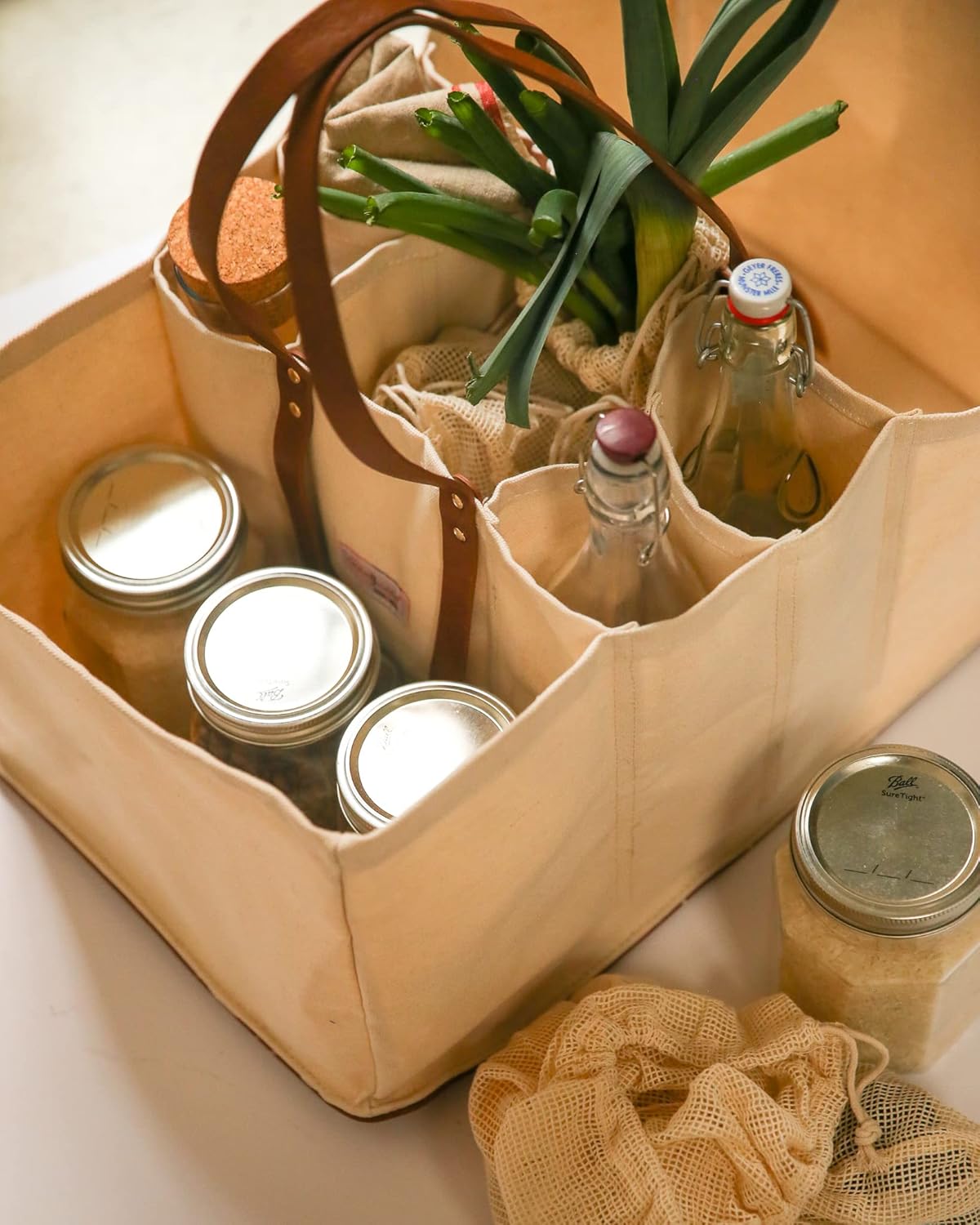 CapaBunga Grocery Tote Bag 5 Pocket Large Utility Tote with Handles Vegan Leather Base - Reusable Shopping Bags for Groceries - Image 7