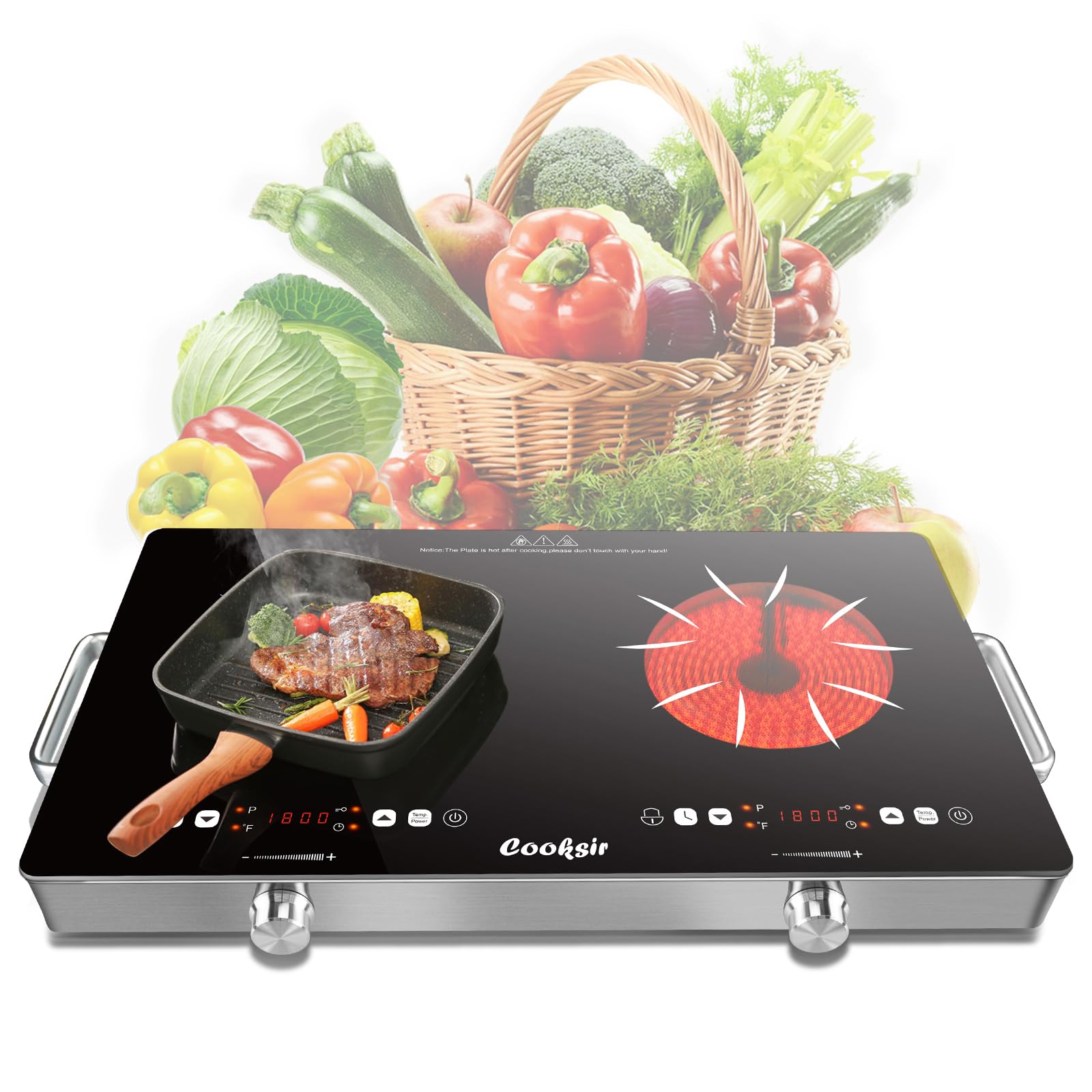 Cooksir 2 Burner Electric Cooktop - 24 Inch Portable Electric Stove Top 110V, 2000W Countertop Double Burner Ceramic Cooktop with LCD Control Panel, Child Lock, Timer, Knob Control with Outlet Plug