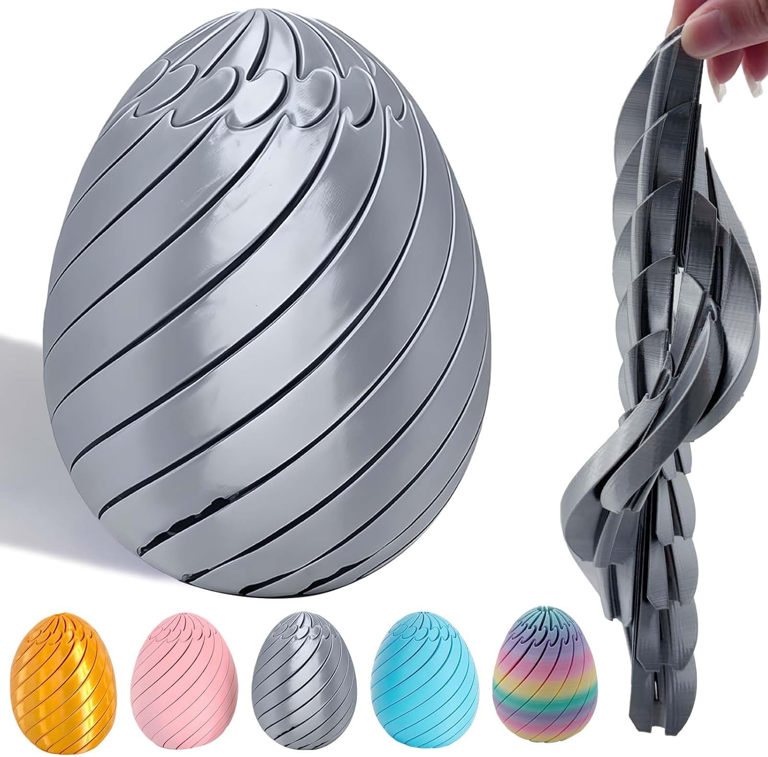 Slippery Egg Fidget Toy - 3D Printed Twisty Stress Relief Easter Egg, Smooth Rotating for Office, Home, Desk Decor Gift (Silver)
