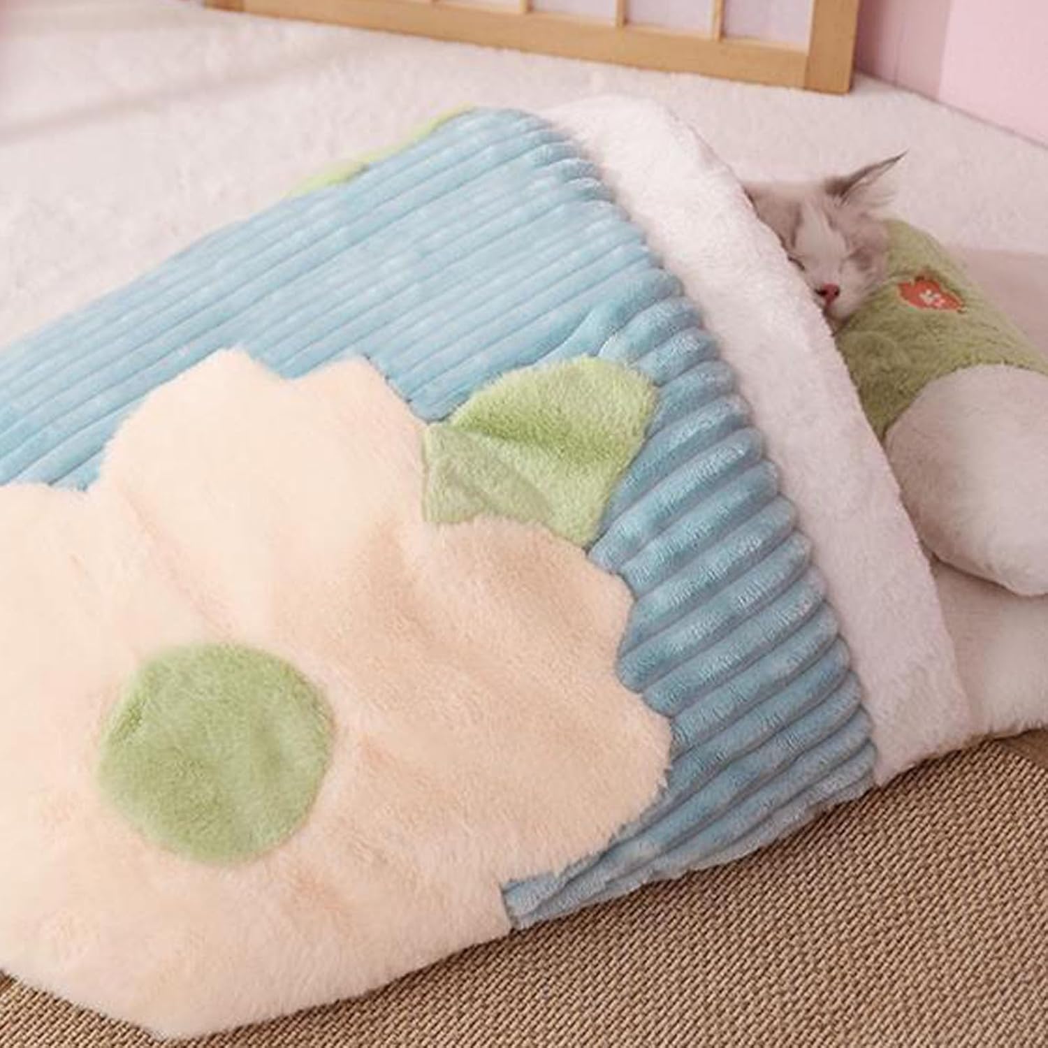 GeRRiT Warm Winter Cat Bed Half-Enclosed Mat Ideal for Cozy Sleep Cat Bedding Pet Sleeping Bag Cat Supplies,Blue(25x17)