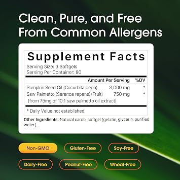 NatureBell Pumpkin Seed Oil 3,000mg with Saw Palmetto, 240 Softgels
