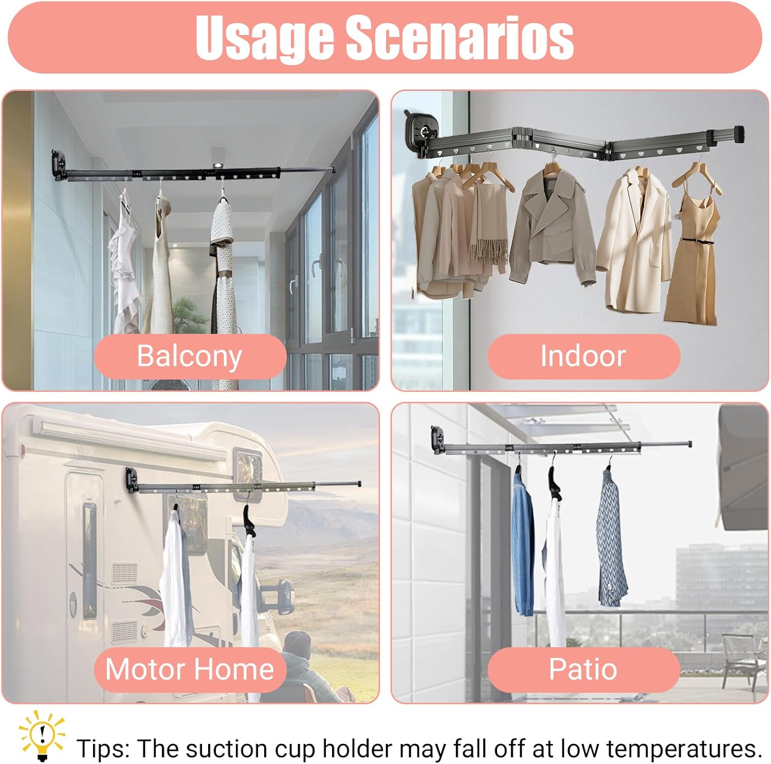 Clothes Drying Rack, Laundry Drying Rack, Wall Mounted Drying Rack, Collapsible Hanging Organize, Suction Cup Retractable Drying Rack Clothing for Balcony Laundry Bathroom (L), Large, Gray