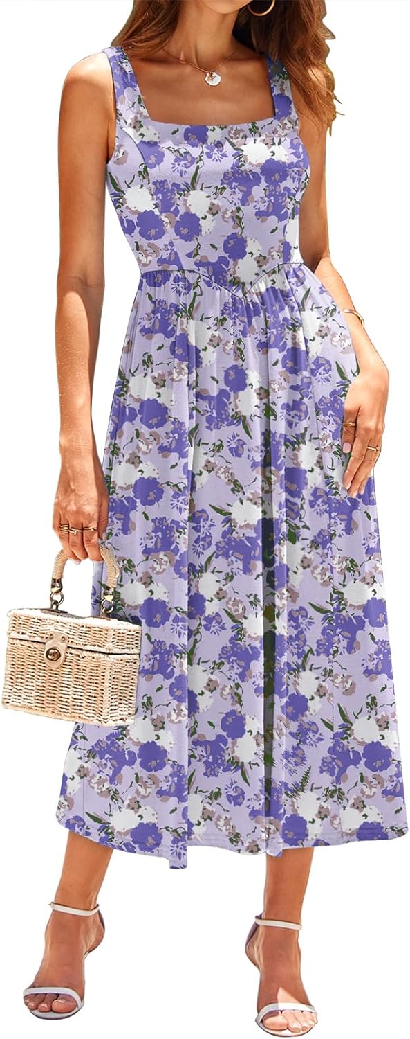 Sureple Midi Dresses for Women 2026 Spring Square Neck Tank Sleeveless A Line Casual Summer Sundresses with Pockets - Image 2