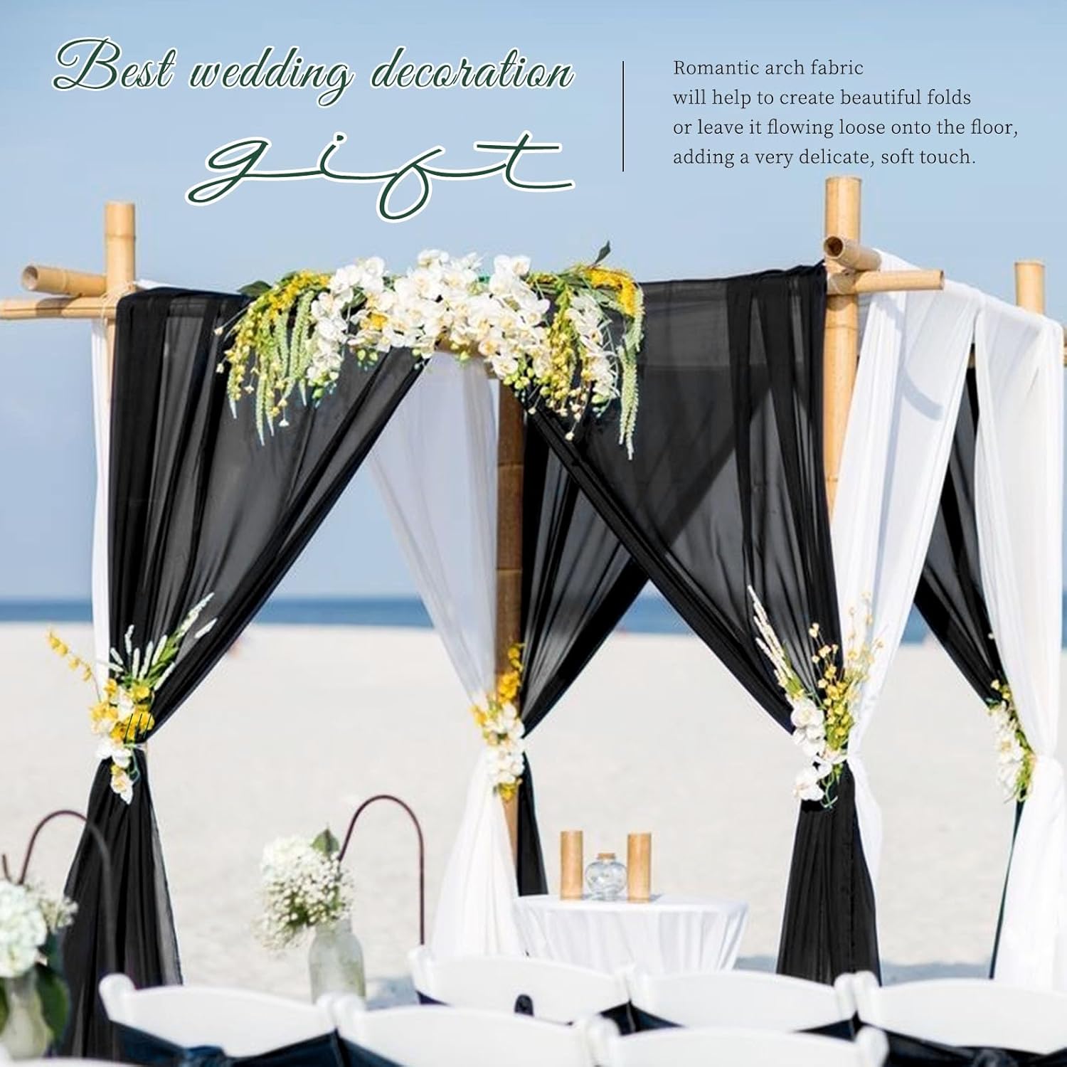 Chiffon Wedding Arch Drapes, 4 Panels 28" x19ft Black Sheer Backdrop Curtains for Ceremony & Reception Decorations