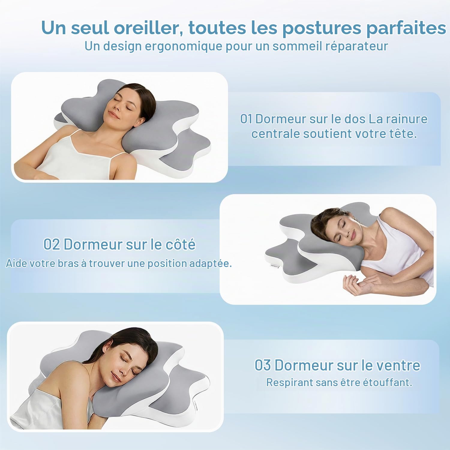 Oreiller Cervical pour Le Cou et Les épaules, Soutien Ergonomique du Cou pour Les Personnes Dormant sur Le côté, Oreiller en Mousse à mémoire de Forme, Coussin de Contour (Gray, Queen Size)