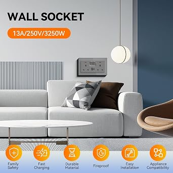Double Switched Wall Socket,Electric Plug Sockets Outlets with 20W USB/USB-C,13 A,Glass Panel Outlet Compatible with 3 Pin UK Standard Plug,146mm Grey