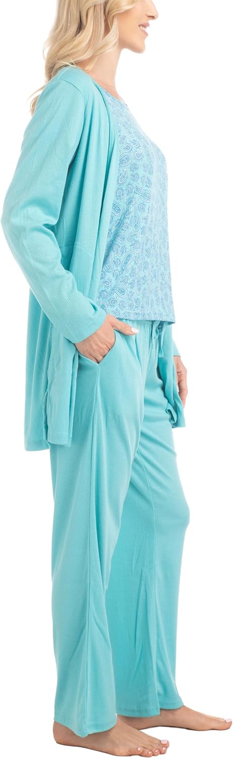MUK LUKS 3 Piece Women's Pajamas - Anything Sleep and Lounge Set, Matching Long Sleeve Cardigan, Conjunto de Pijama