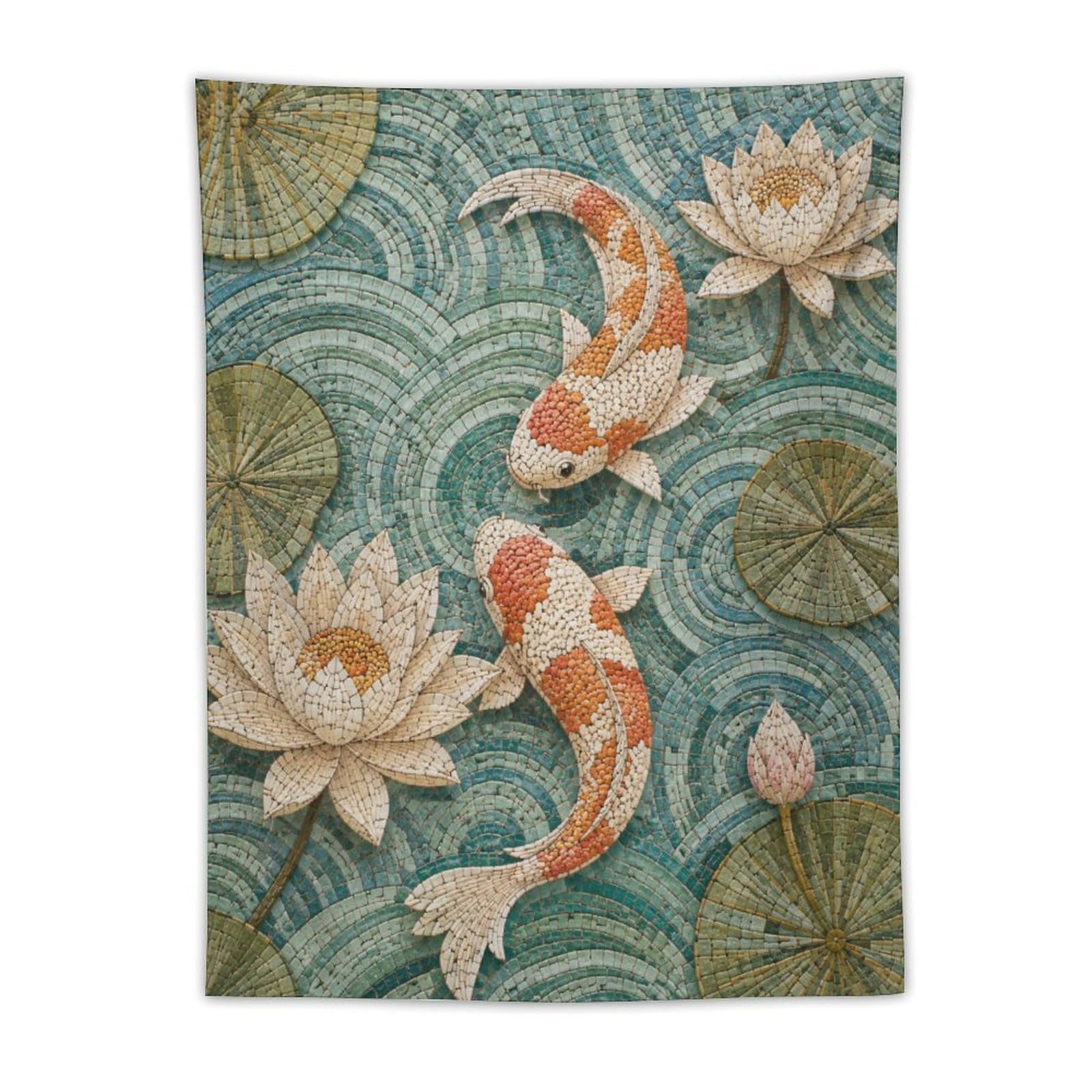 H3B8U2Y5 Koi Fish and Lotus Wall Tapestry, Ukiyo-e Style, Living Room