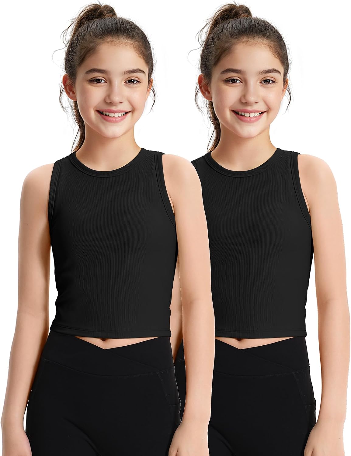 JOCMIC 2 Pack Girls Tank Tops Kids Athletic Tanks Basic Ribbed Knit Crew Neck Cropped Tops for Sports Yoga