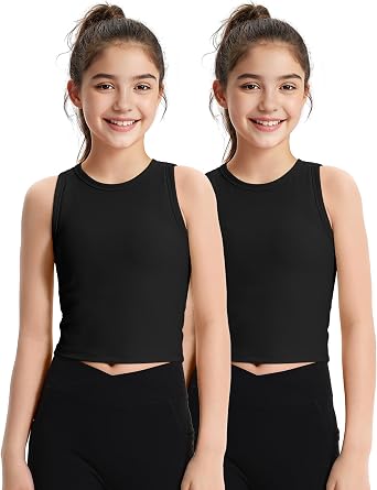 JOCMIC 2 Pack Girls Tank Tops Kids Athletic Tanks Basic Ribbed Knit Crew Neck Cropped Tops for Sports Yoga