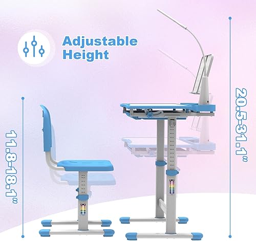Miniatura 2 de Escritorio escolar para niños con 3 modos de luz LED, escritorio de altura ajustable para dormitorio de niños con escritorio inclinable, escritorio