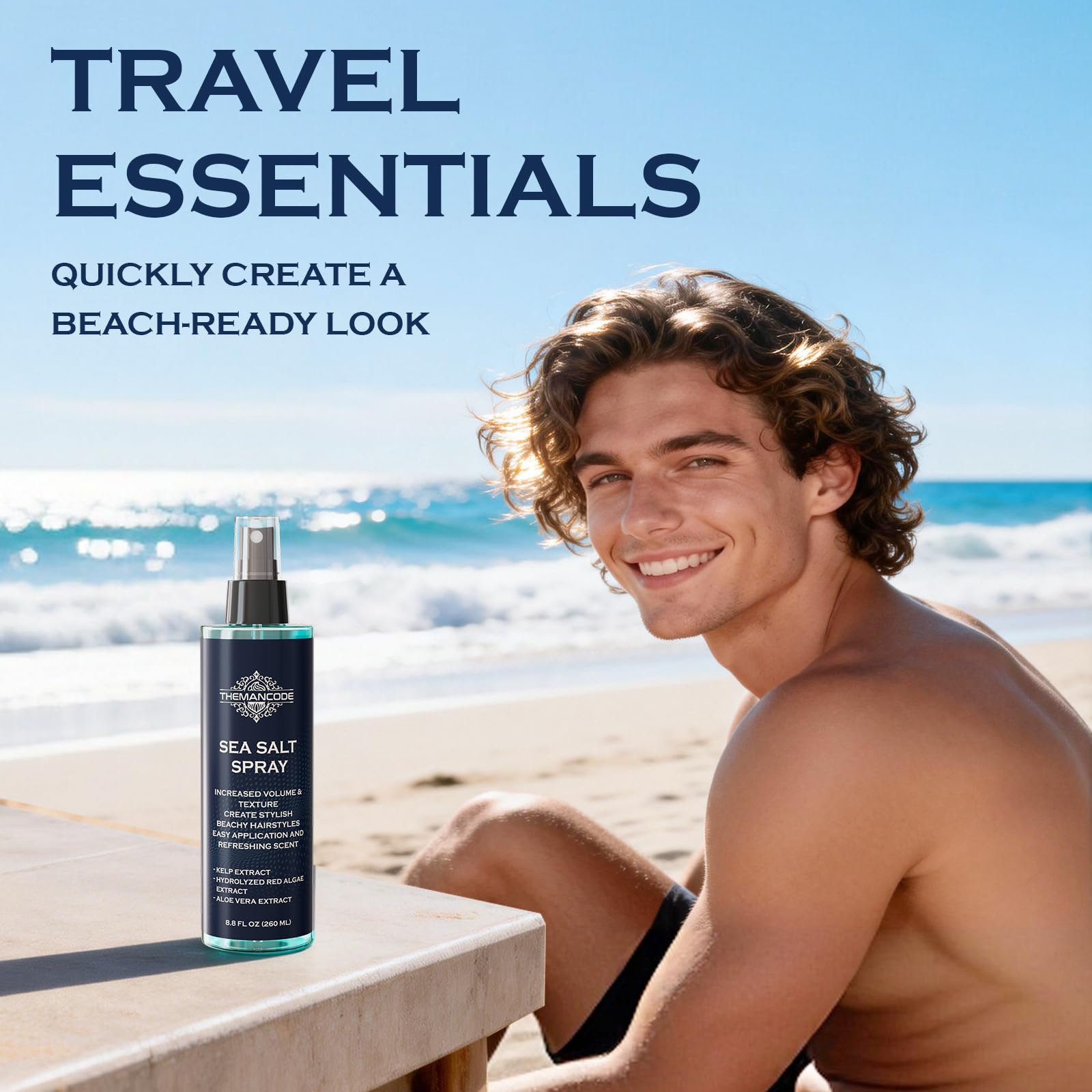 THEMANCODE Męski spray z solą morską, teksturujący lakier do włosów z wodorostami, czerwonymi wodorostami i aloesem, spray do surfingu dodaje natychmiastowej objętości, lekkie utrwalenie i grubość