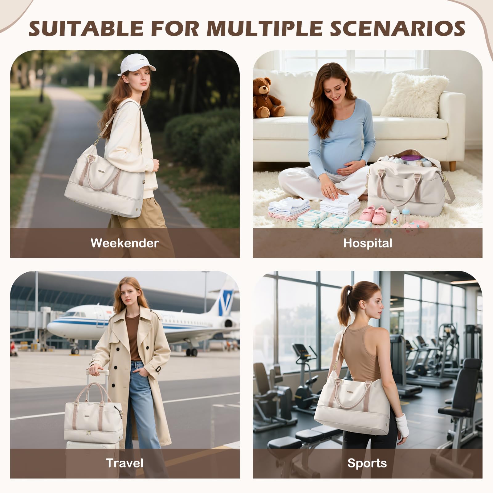 46L Reisetasche Damen, Groß Weekender Handgepäck Tasche mit Kosmetiktasche, Schuhfach & Nassfach, Kliniktasche, Trainingstasche, Sporttasche, für Flugzeug Reisen (Cremefarben)