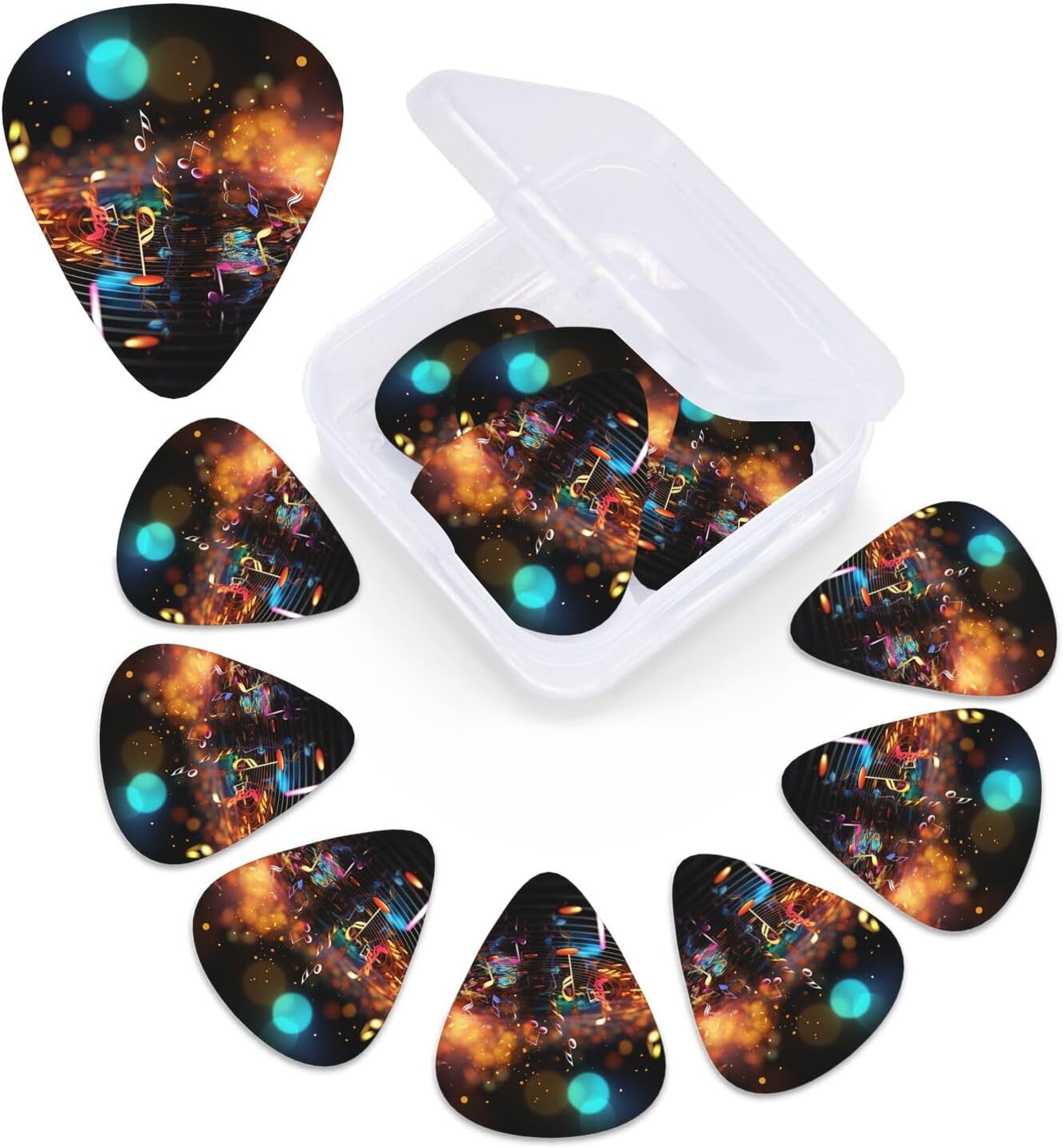 12 Pack Guitar Picks with Organizer Storage Box 3 Different Thickness Thin, Medium, Heavy Guitar Picks for Acoustic Guitar Pic Colorful Music Notes Bass Picks Plectrums for Guitar Accessories