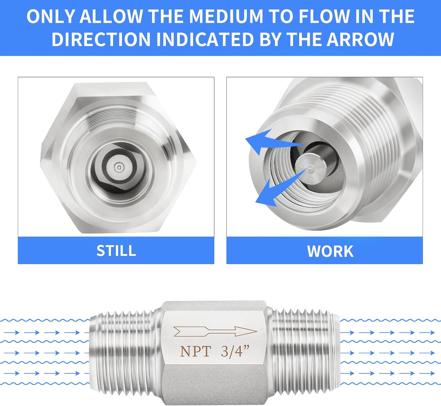 ChillWaves 304 Stainless Steel In-Line Siamese Check Valve 3/4" NPT Male Thread, One-Way Non-return Check Valve for Backflow Prevention(1-PACK)