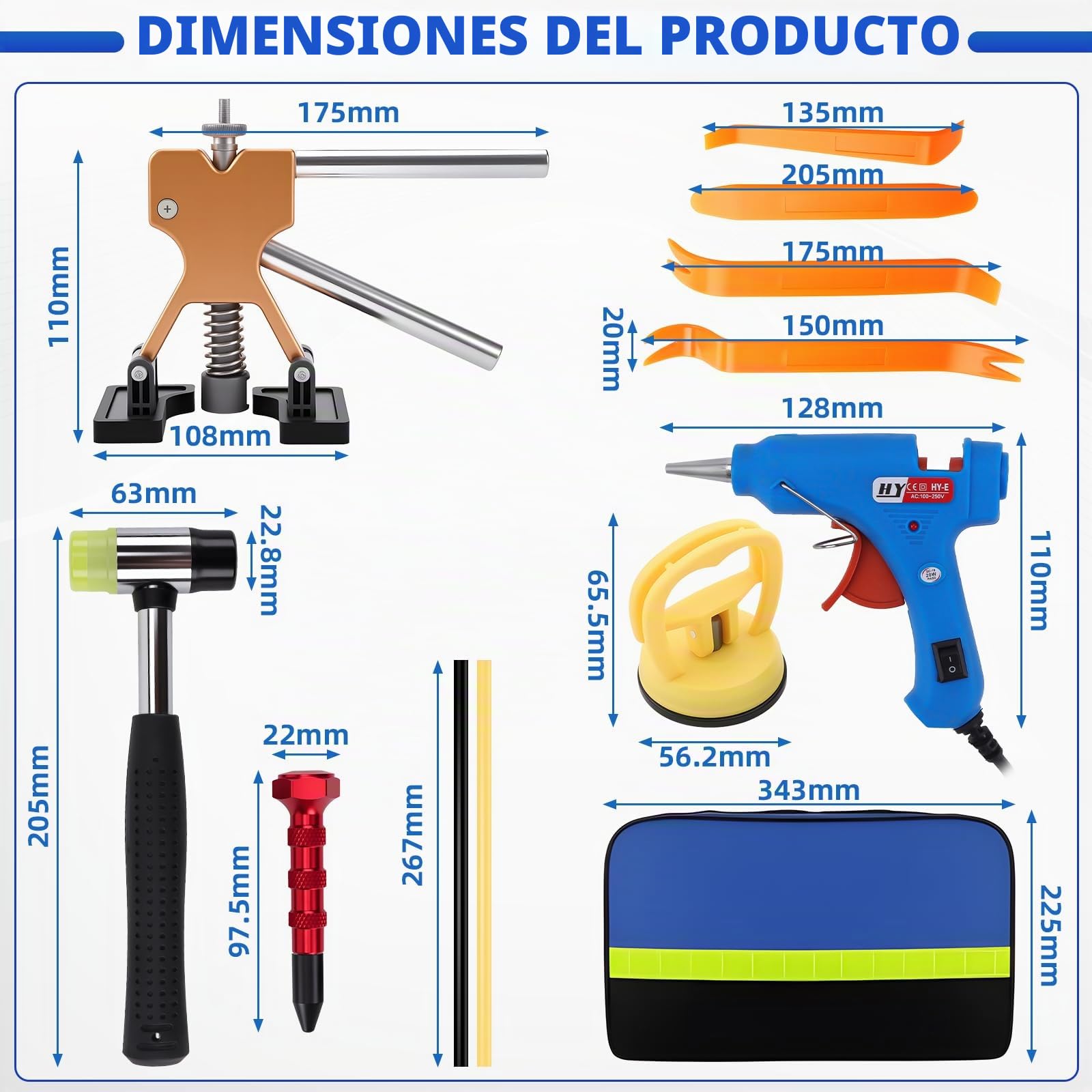 KAOLALI Kit de Extractor de Abolladuras de Coche, 70 Piezas sin Pintura con Ventosa y Martillo Deslizante en T, Eliminador de Abolladuras de Carrocería Kit, para Reparación de Abolladuras de Coche