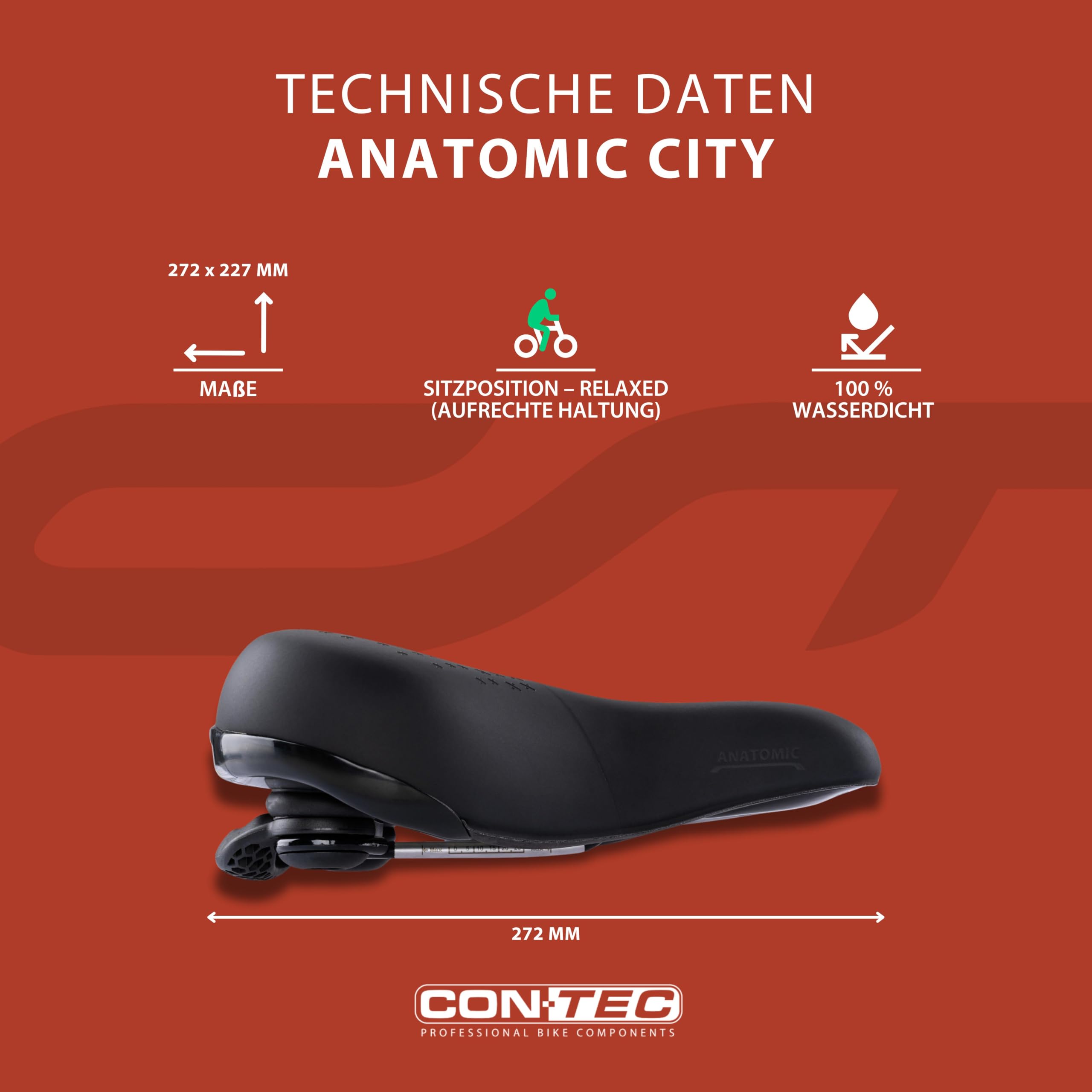 CONTEC Fahrradsattel Anatomic City, aus Polyurethan, Stoßdämpfend, bequemer Fahrradsattel, inkl. Skala, Ergonomischer Fahrrad Sattel für Herren & Damen, schwarz