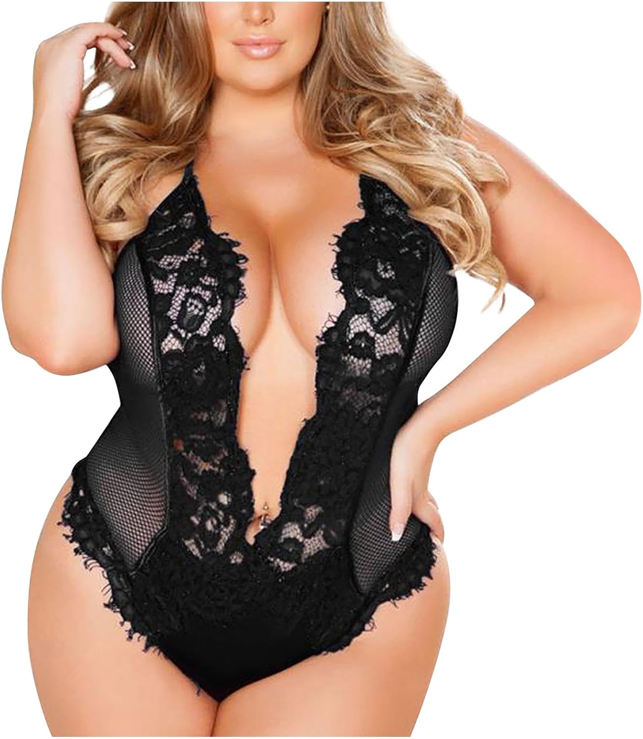 FZYLQY Womens Plus Size Lingerie Teddy One Piece Lace Halter Babydoll Bodysuit Nightgown Sluttly Naughty Outfits for Ladies