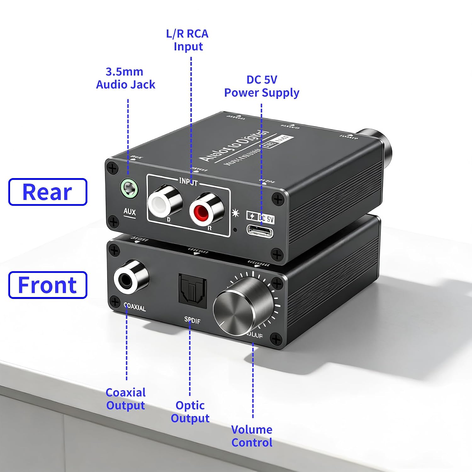 Analog to Digital Audio Converter, RCA to Optical | 3.5mm AUX Jack Toslink, Coaxial Adapter, Adjustable Volume, w/ Cables