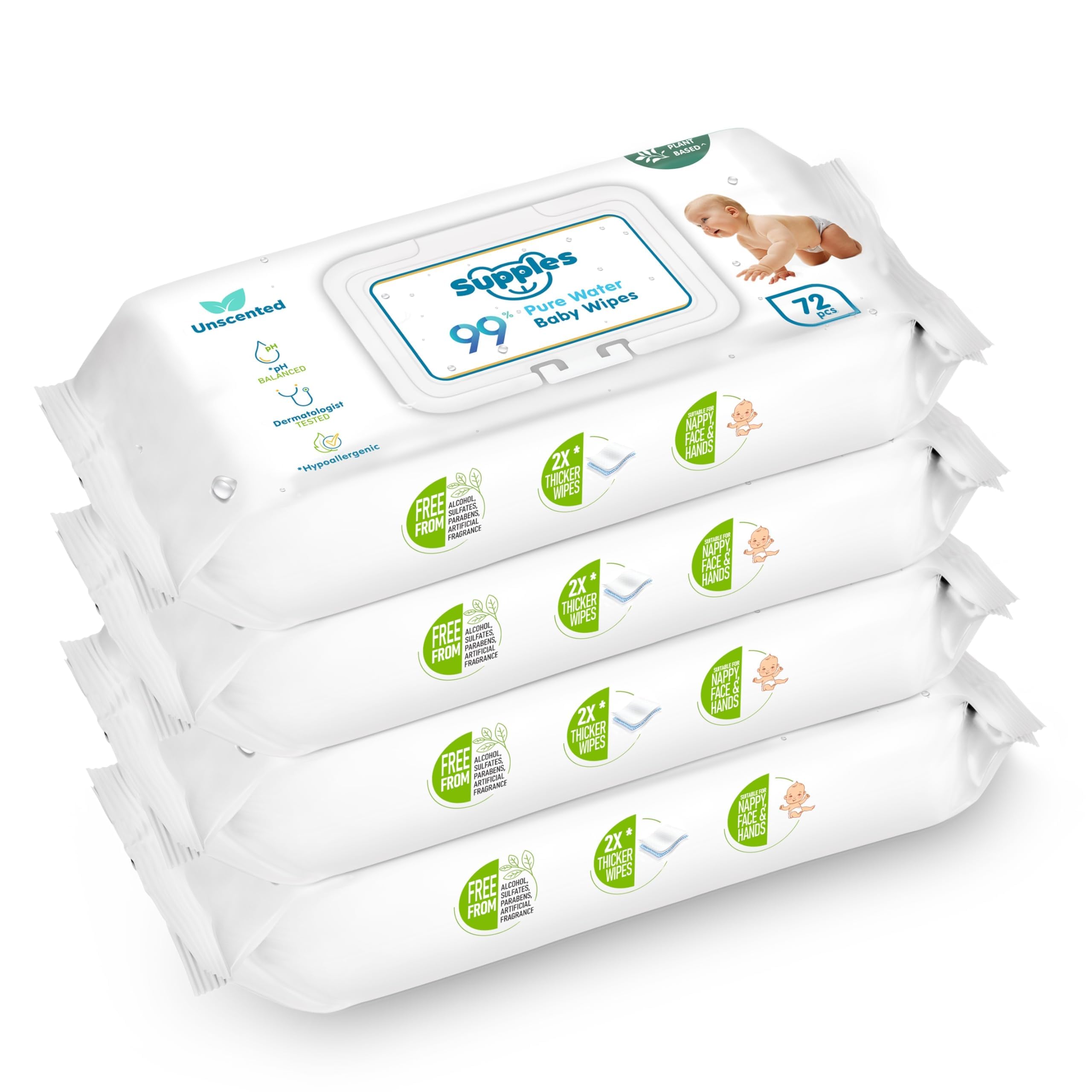 Amazon Brand - Supples 99% Pure Water Baby Wipes (With Lid) | 144 Count (72x2) | Unscented Wet Wipes for Newborn Baby | Soft, Hypoallergenic & Dermatologically Tested | Alcohol & Paraben Free