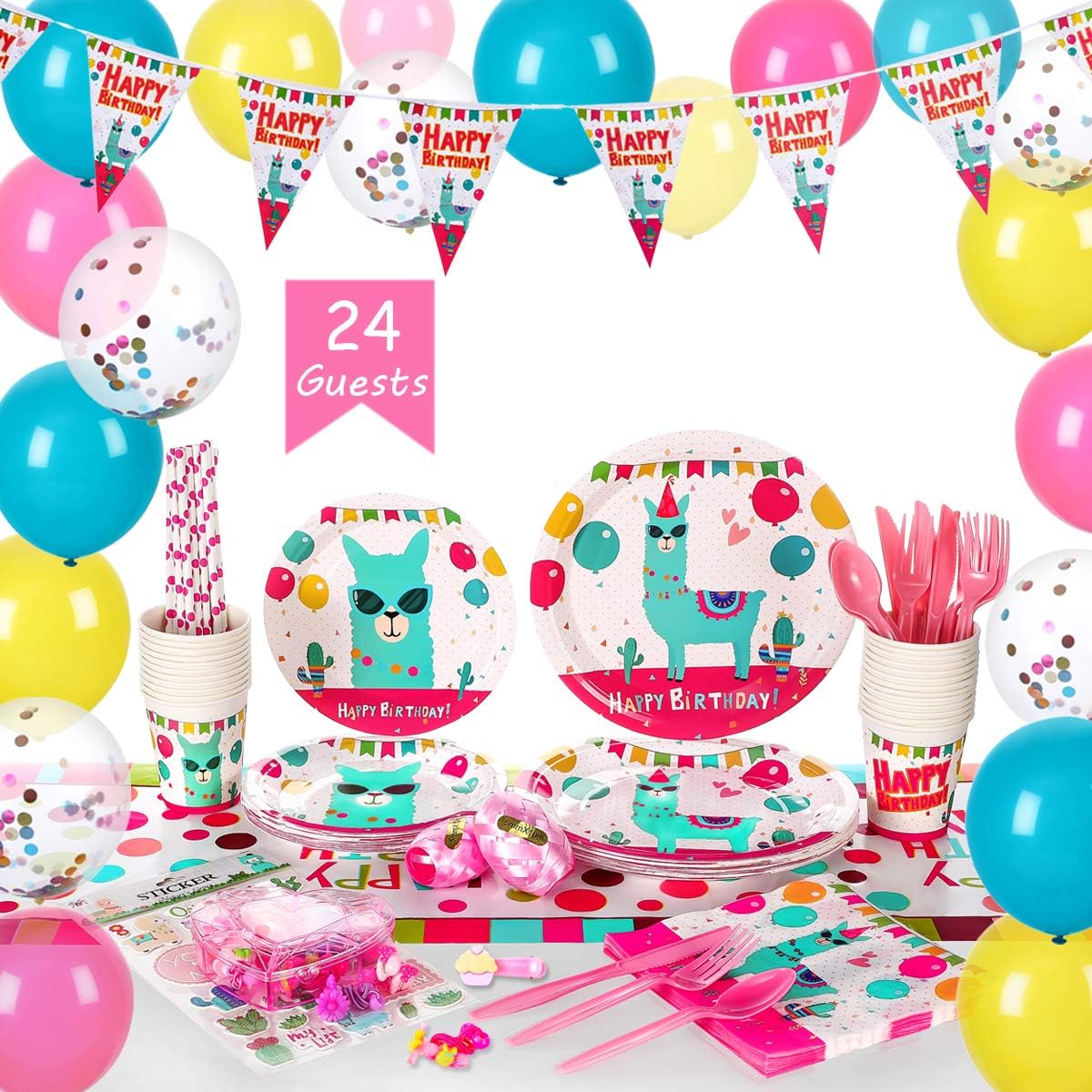 Llama Cactus Party Supplies Set for 24 guests(over 280 pieces)- Alpaca Theme Kids Birthday Party Tableware Pack Include Disposable Plates Cups Banner Balloons Cutlery