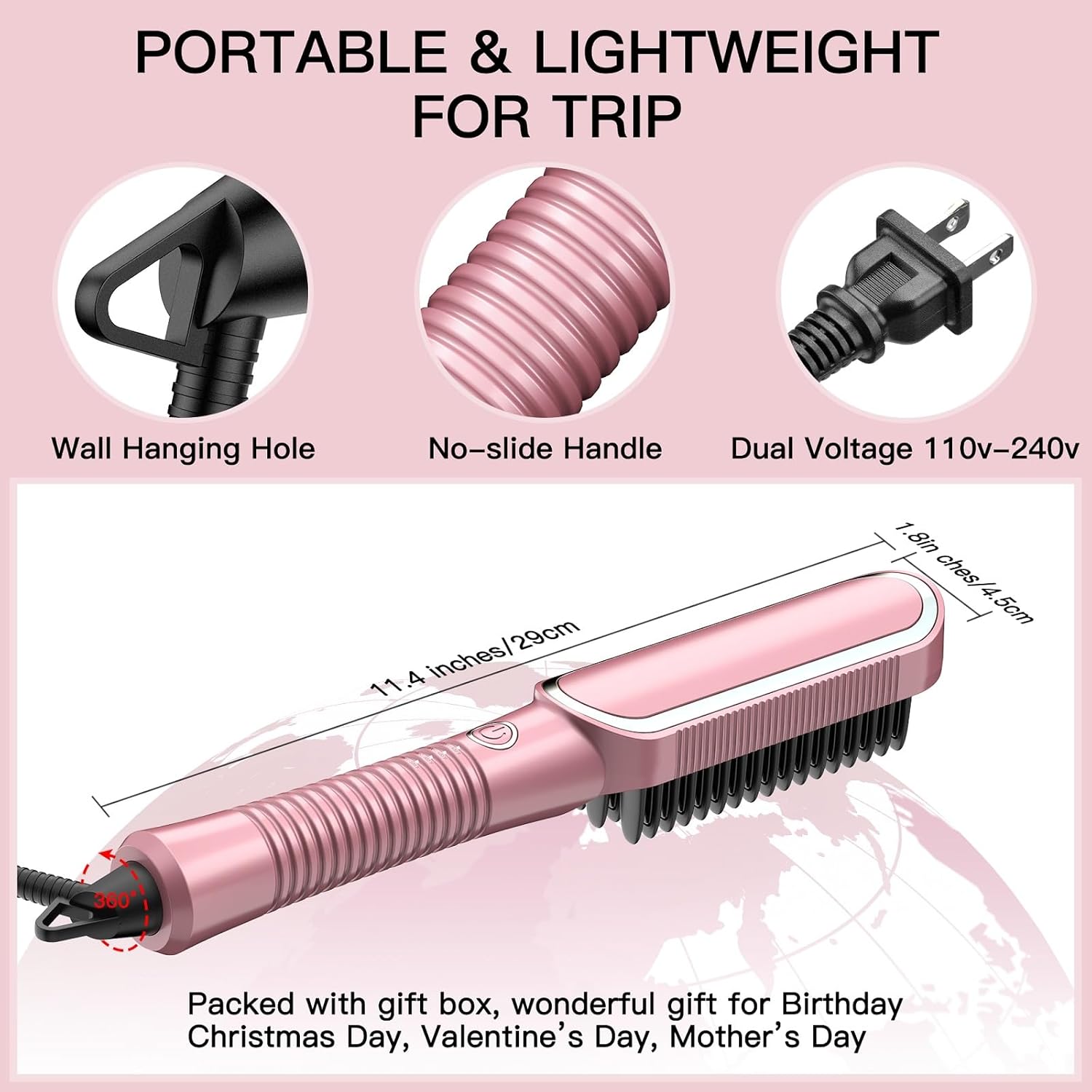 Hair Straightener Brush,Ionic Hot Comb for Women with 20s Fast Heating, Anti-Scald & Dual Voltage,Straightening Brush for Curly & Frizzy Hair (Rose Gold, Large) - Image 6