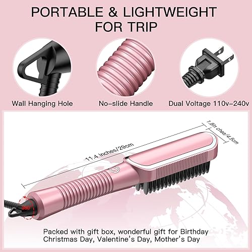 Miniatura 6 de Cepillo alisador de cabello, peine caliente iónico para mujeres con calentamiento rápido de 20 segundos, antiquemaduras y doble voltaje, cepillo