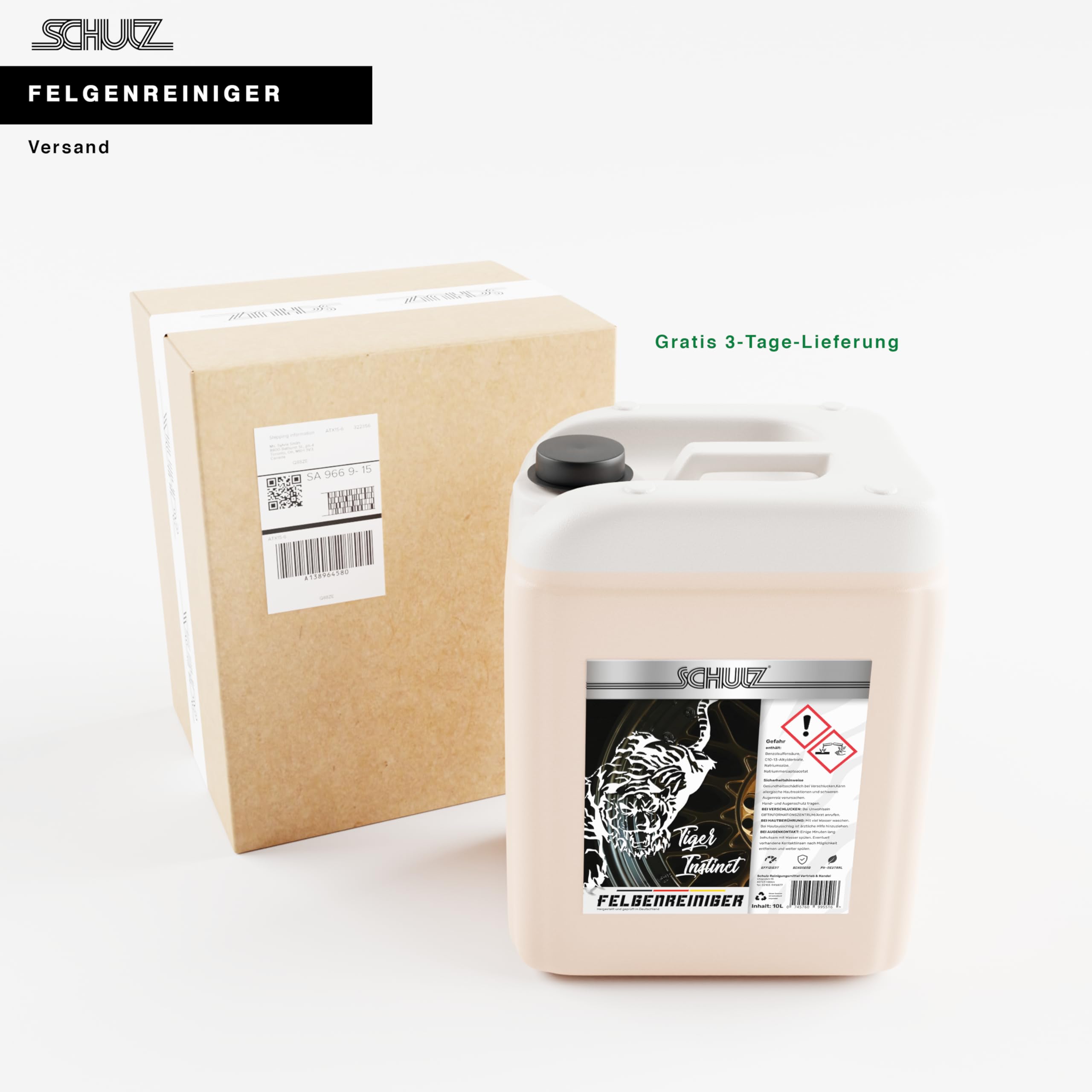 Schulz Tiger Instinct: wysoce skuteczny środek do czyszczenia felg, kanistry o pojemności 10 l, do błyszczących felg aluminiowych – delikatne czyszczenie i jakość Made in Germany