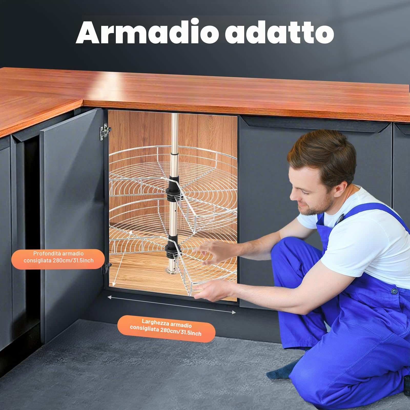 Carrello per Pentole per Armadio da Cucina, 270° Ripiano Girevole per Armadio da Cucina ad Angolo a 2 Ripiani, Cassetto per Pentole, Armadio da Cucina ad Angolo, Larghezza 71cm