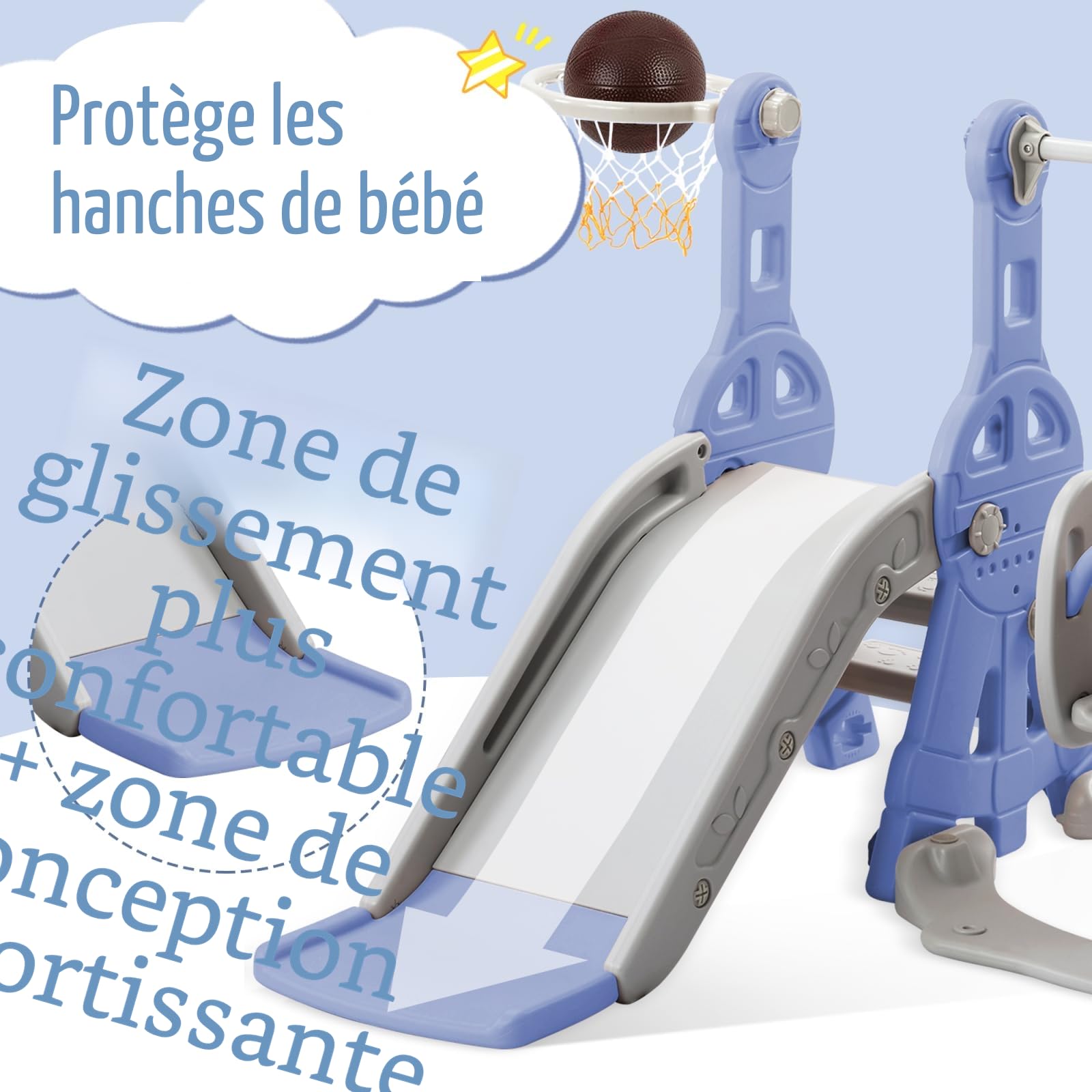 Toboggan pour Enfant 4 en 1,Toboggan Intérieur et Extérieur avec Panier de Basket, Escalier,Balançoire Toboggans autoportant,échelle d'escalade, pour Enfants de 1 à 4 Ans,Bleu,140x118x82cm