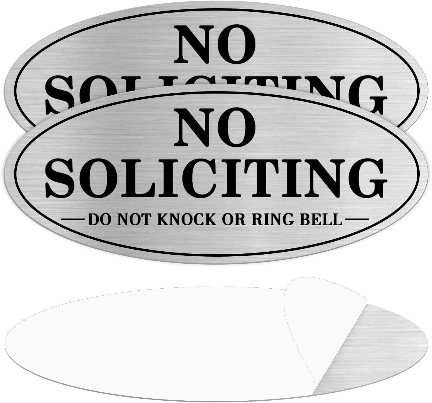 No Soliciting Sign for House Self Adhesive Sign for Front Door, 2 Pack 7" x 3" Weatherproof & Sturdy Do Not Knock or Ring Bell Metal Sticker Signs for House Home and Yard, Silver/Black