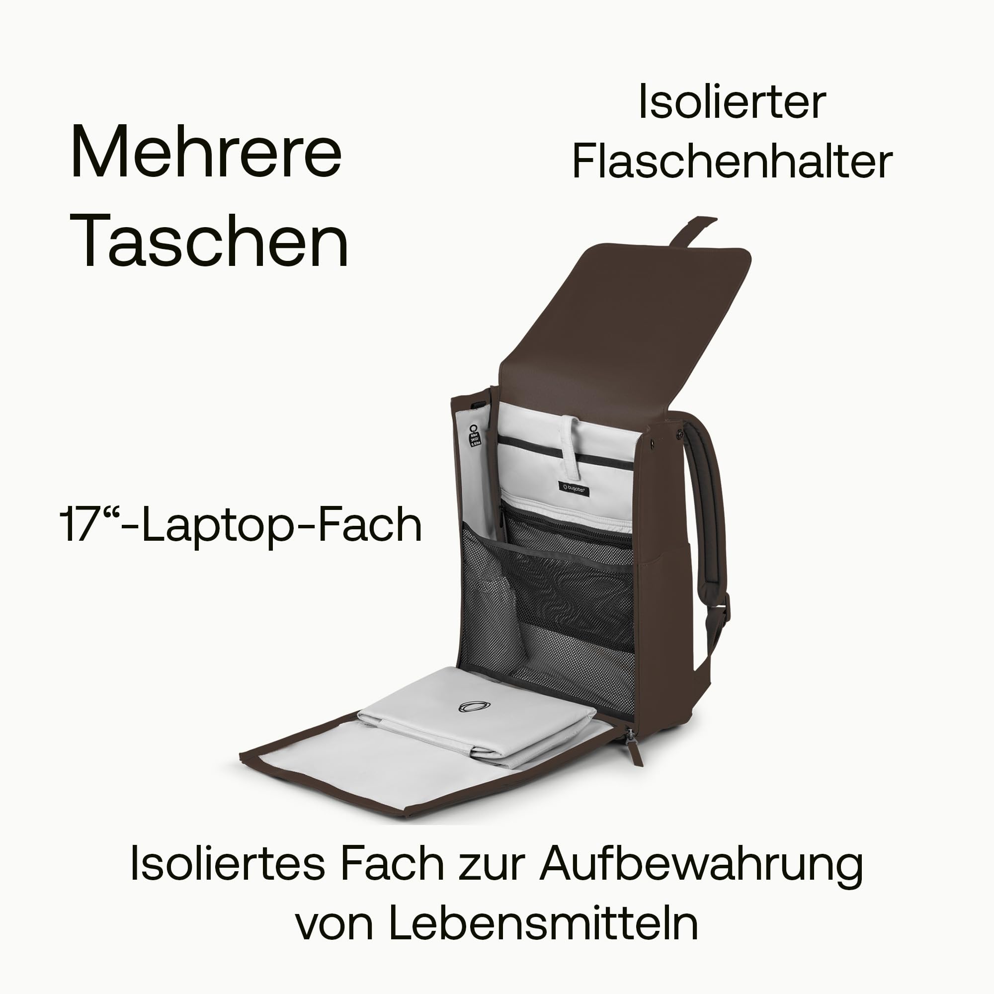 Bugaboo Wickelrucksack, Wasserabweisende Tasche aus nachhaltigem Material, Einfach zu reinigen, mit Wickelunterlage und isolierter Halterung für Flaschen, Cocoa Brown