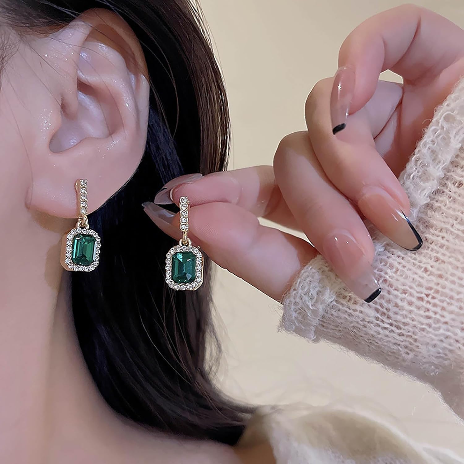 W WEILIRIAN Boho Emerald Drop Earrings Square Crystal Earrings Rhinestone Bar Stud Earrings Sparkly Cz Earrings Jewelry for Women and Girls Gifts - Image 9