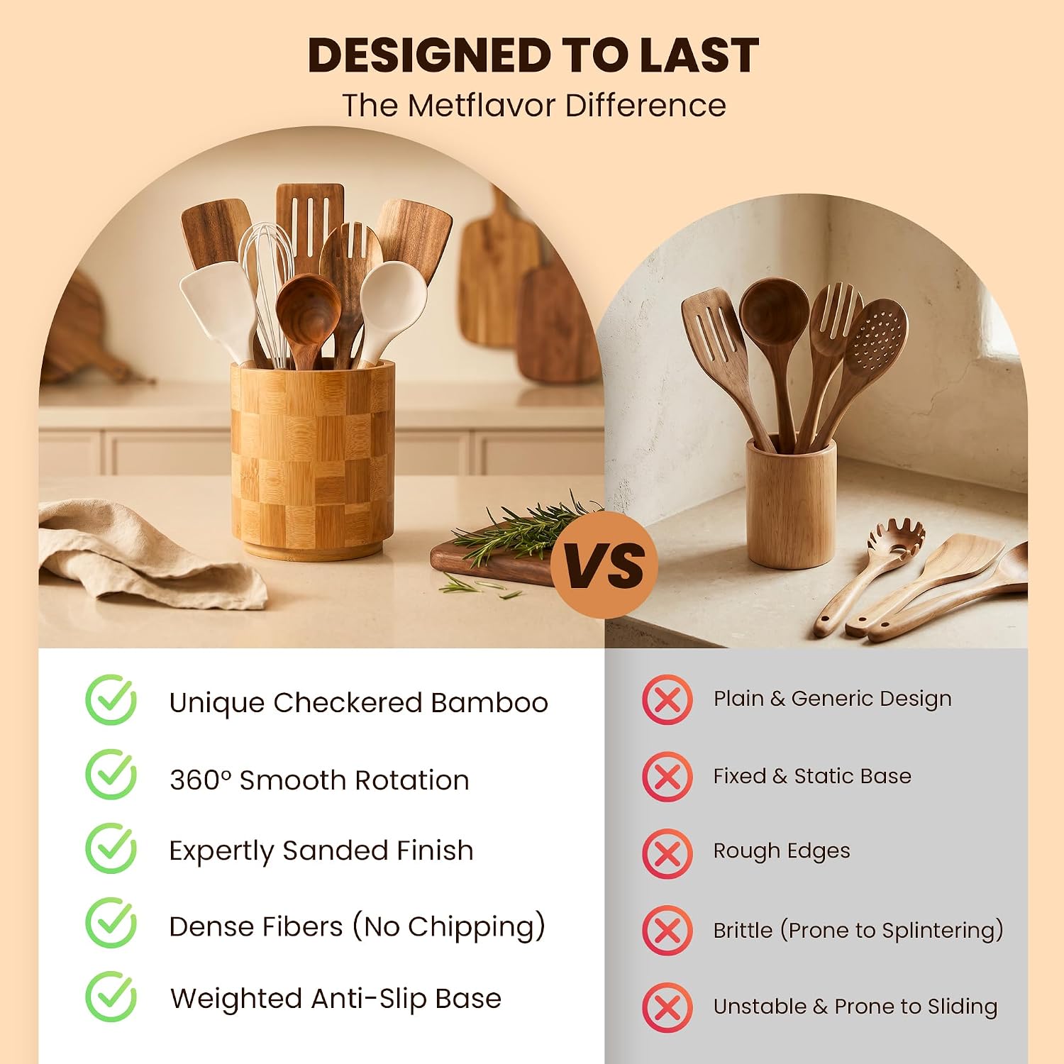 Metflavor 360° Rotating Checkered Bamboo Utensil Holder for Countertop