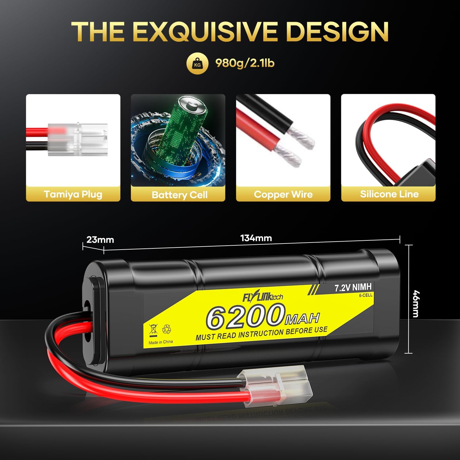 7.2V 6200mAh NIMH Battery for RC Cars, 6-Cell Flat Rechargeable Battery Pack, Replacement Hobby Battery with Tamiya Connector for Car Truck Truggy Buggy Tank Airplane Helicopter Boat Racing (2 Pack)