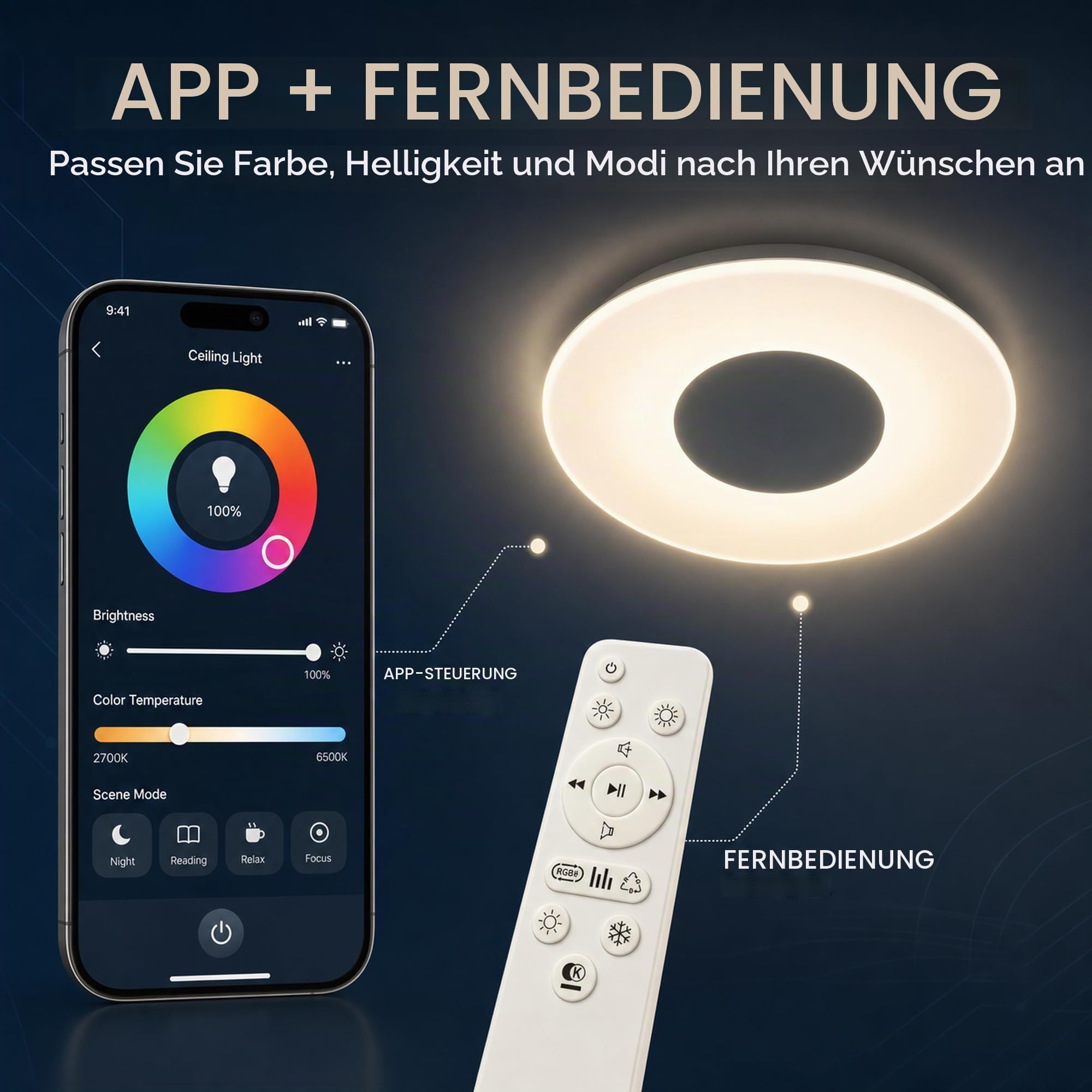 24W Ø40cm LED Deckenlampen mit Bluetooth Lautsprecher | Fernbedienung, RGB, Farbwechsel, Dimmbar, Warmweiss Kaltweiss, Musik Lampe für Wohnzimmer Schlafzimmer