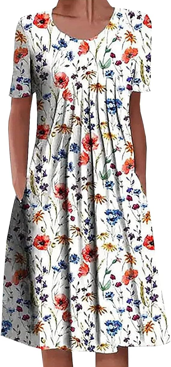 Summer Dresses for Women 2026 Casual Short Sleeve Knee Length T-Shirt Dress Loose Swing Boho Midi Dress with Pockets
