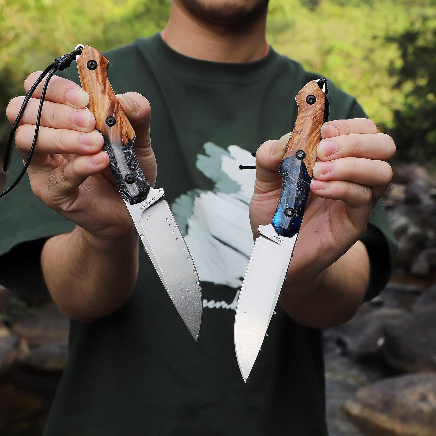 Handmade DC53 Fixed Blade Knife, 7.8-inch Men's EDC Knife, Tactical K-Type Knife Sheath, Anti-slip, Resin-fused maple wood knife handle, Ideal for outdoor camping adventures, mountaineering trips, and practical tactical use. (Yellow and blue)
