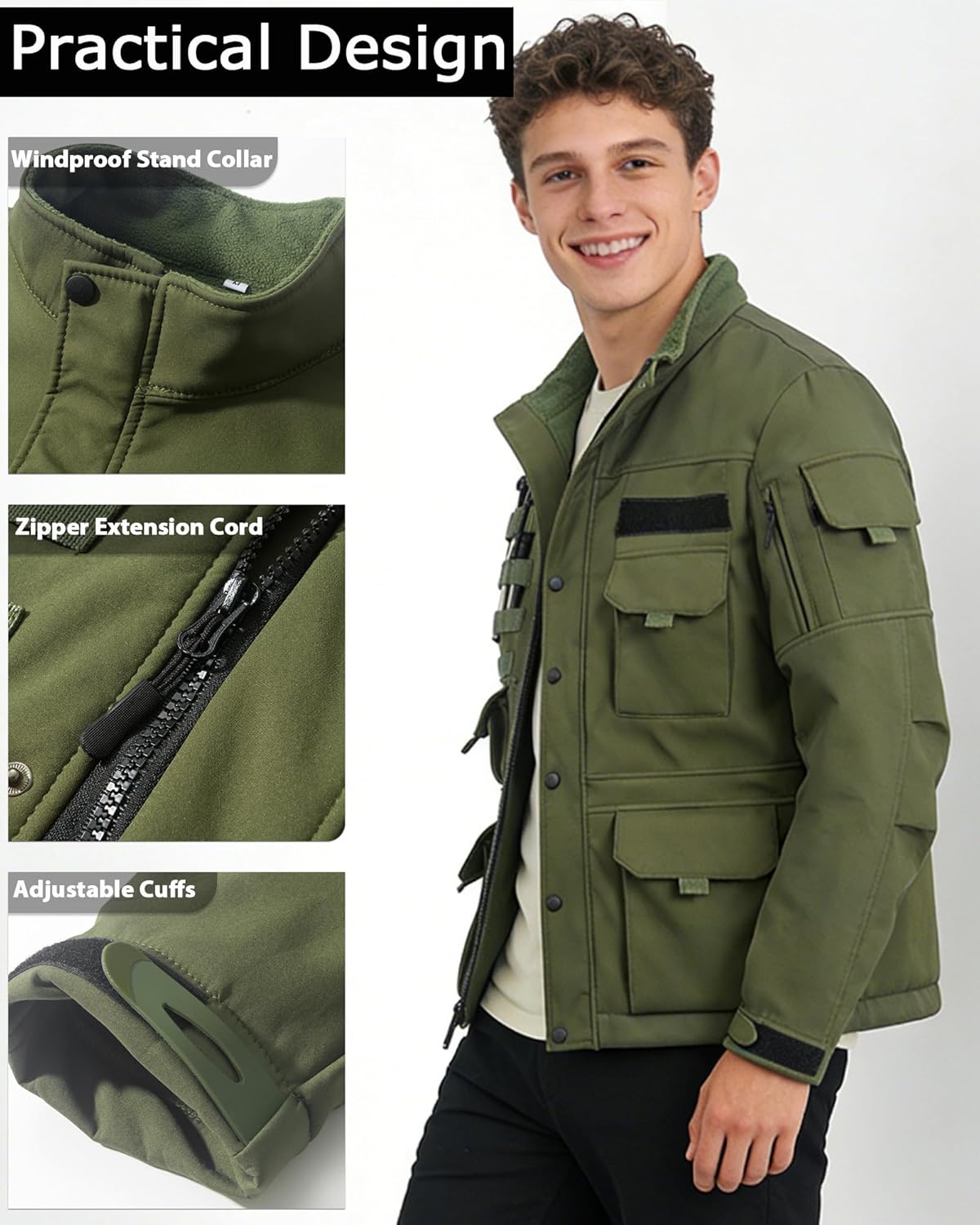 Men's Fleece Tactical Softshell Jacket Winter Windproof Motorcycle Jacket 8 Pockets... - Image 6