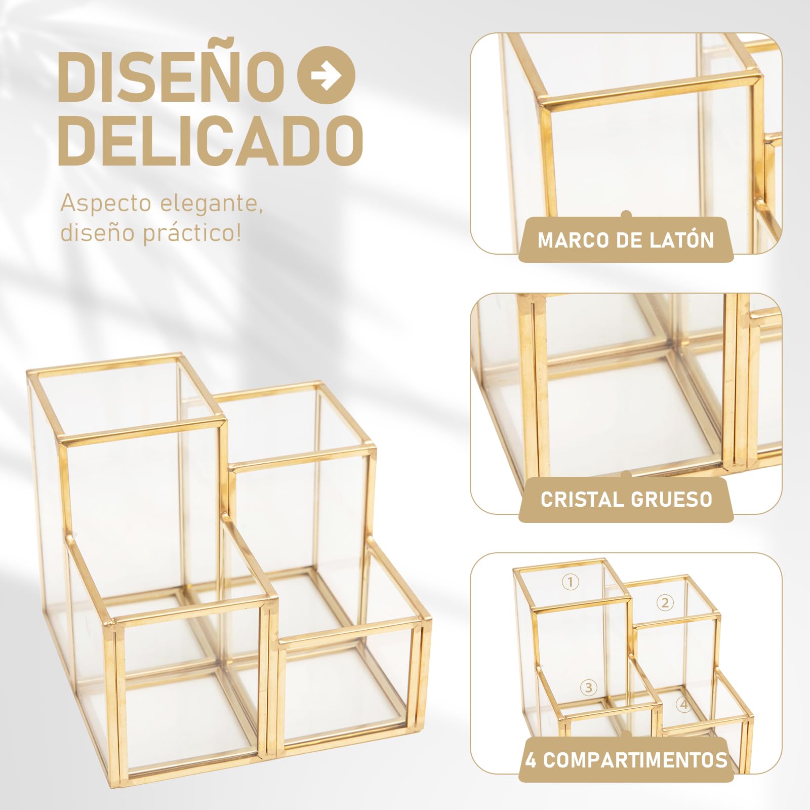 HARLIANGXY Soporte para Pinceles de Maquillaje, Organizador de Cosméticos con 4 Compartimentos, Porta Brochas de Maquillaje, Caja de Almacenamiento de Cosméticos para Tocador Dormitorio Baño, Dorado