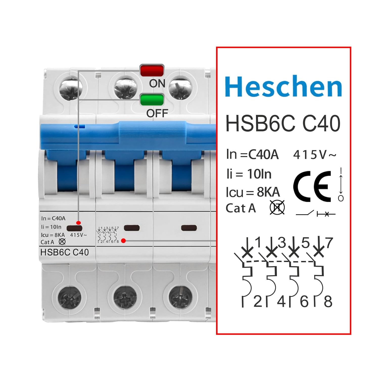 Heschen Miniature Circuit Breaker HSB6C, 40Amp Current, 4 Pole, Type C, 6kA Breaking Capacity, DIN Rail Mounting