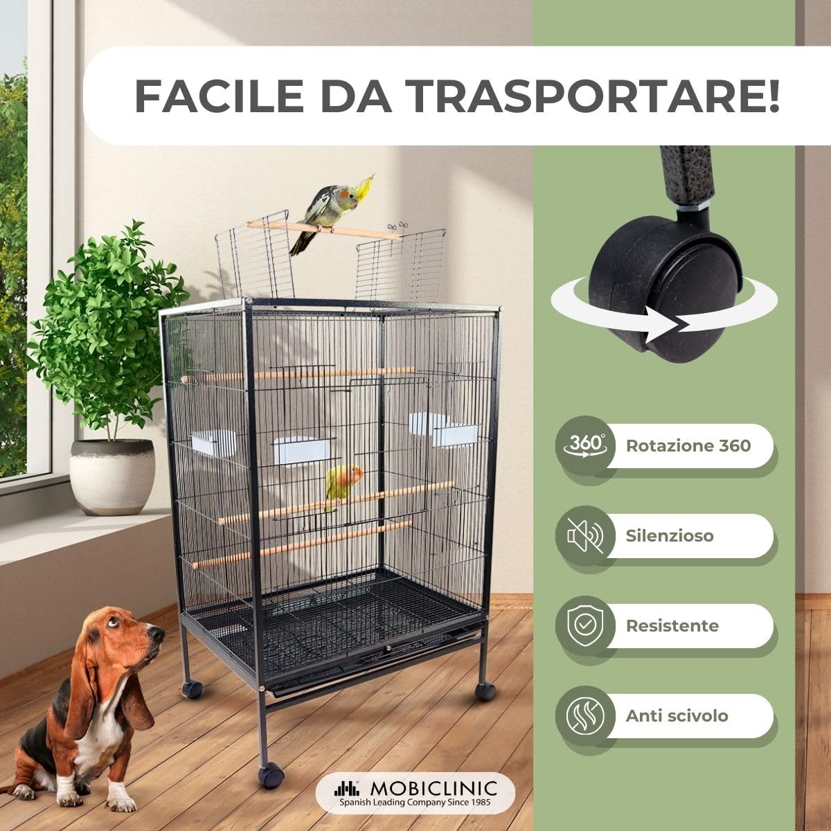 Mobiclinic®, Gabbia per Uccelli, XL, Ruote il Trasporto, Freni, Apertura superiore, Vassoio Rimovibile, 8 Porte, Grandi dimensioni, 95x43x61,5 cm, Mangiatoie, Abbeveratoi, Posatoi, Ninfa
