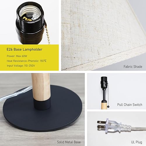 Miniatura 4 de PSDSSHIIS 3-Color Temperatures Bedside Table Lamp for Nightstand Living Room Lamps for Bedroom Wood Fabric Pull Chain Switch Small Desk Lamps Home