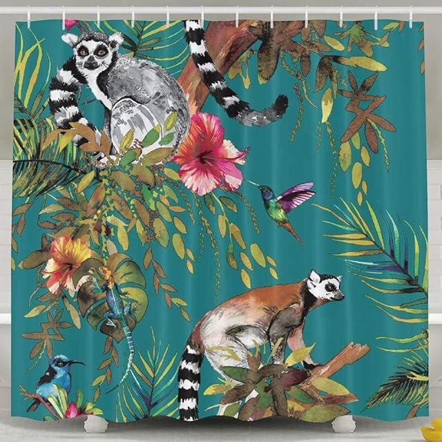 Decams Tropical Jungle Lemur Catta Hummingbird Shower Curtain,Waterproof Polyester Shower Curtain Sets For Men/Women