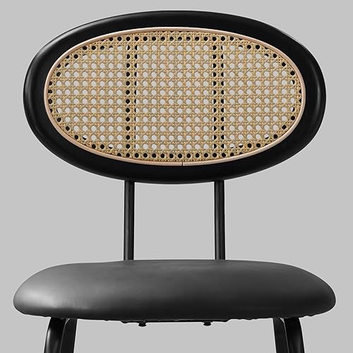 Miniatura 3 de Juego de 2 sillas de comedor con respaldo de ratán moderno de mediados de siglo, sillas laterales de cocina tapizadas de cuero negro con patas de