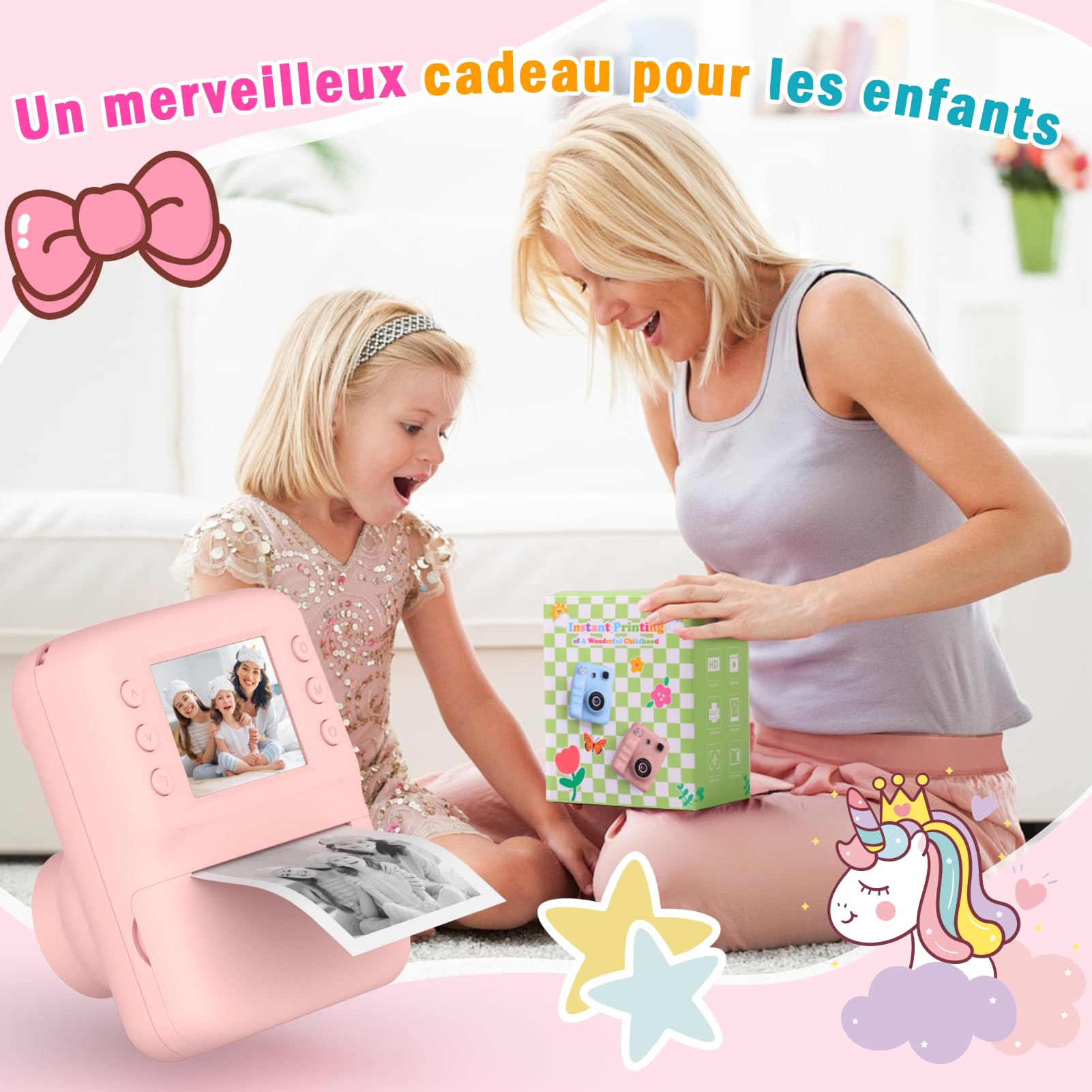 Appareil Photo Instantané Enfant, Appareil Photo Enfant avec Papier d’Impression & Carte 32GB, Écran 2.4'' HD, Vidéo 1080P, Selfie & Jeux, Cadeau Noël Anniversaire pour Filles Garçons 3 à 12 Ans