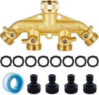 3/4" Distribuidor de Manguera de 4 Vías de Latón con Válvula Independientes Divisor de Agua de Grifo Jardín, Exterior Riego al Aire Libre