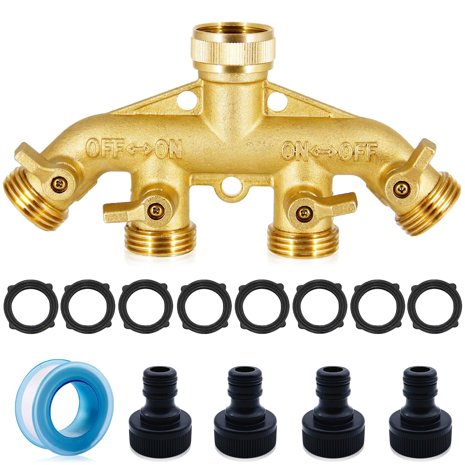 Raccordo Rubinetto 4 Vie QWORK In Ottone | Divisore Con Valvole Individuali E Attacchi 3/4" Per Tubo Da Giardino | Set Con Nastro E Guarnizioni