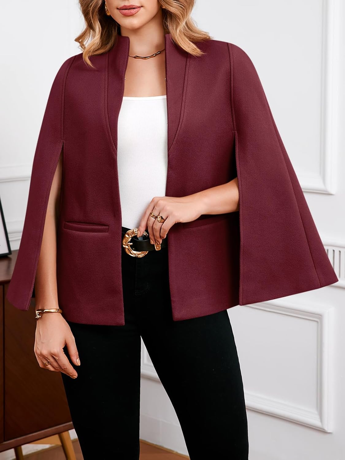 Cicy Bell Womens Cape Pea Coat Work Casual Split Long Sleeve Coat Stand Collar Open Front Fall jacket - Image 4