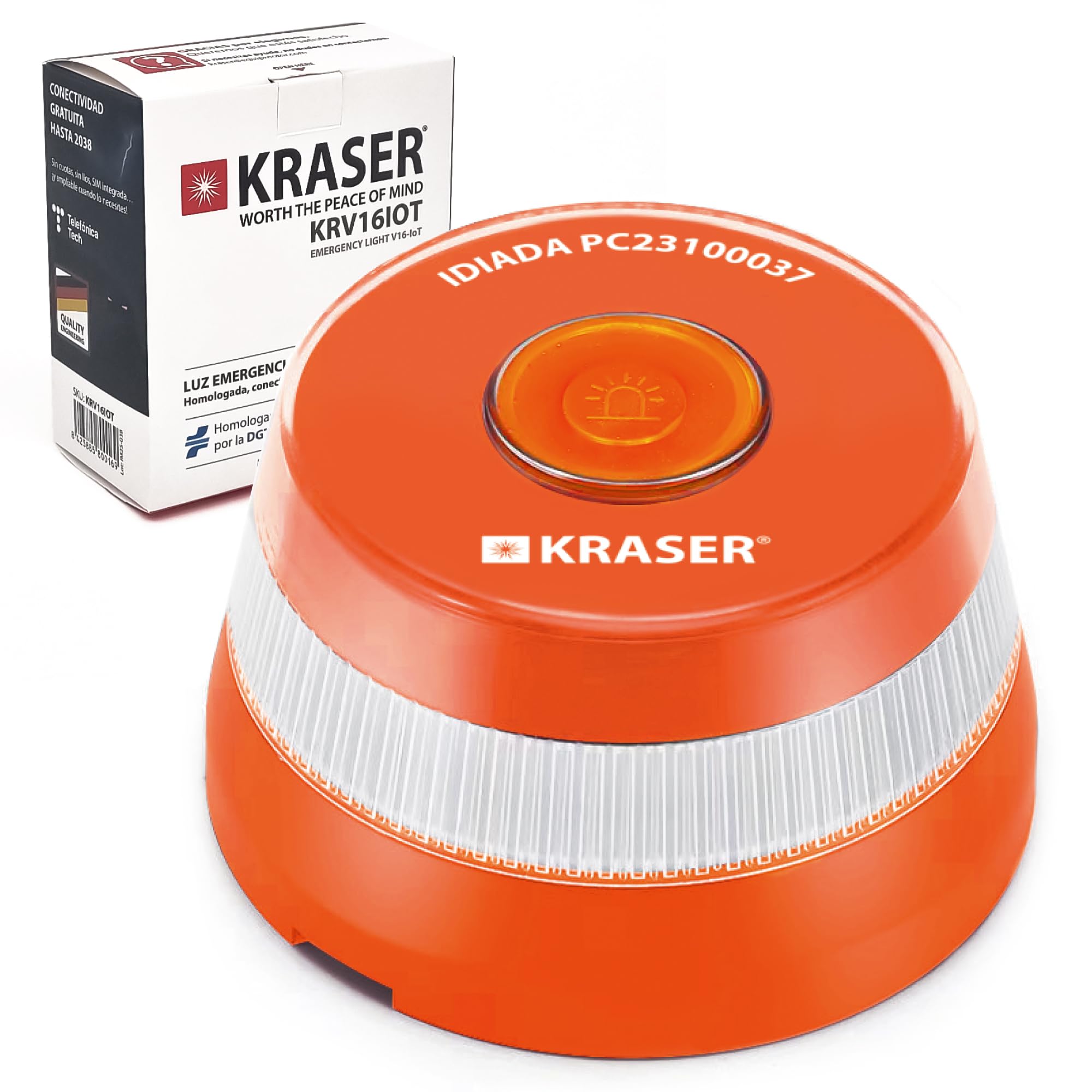 KRASER KRV16IOT Baliza V16 Homologada DGT más Visible y Segura, Geolocalizador Avanzado 3.0, Luz Emergencia Coche Obligatoria en 2026, SIM y Datos Incluidos Telefonica, Potente Base Magnetica LED 360º